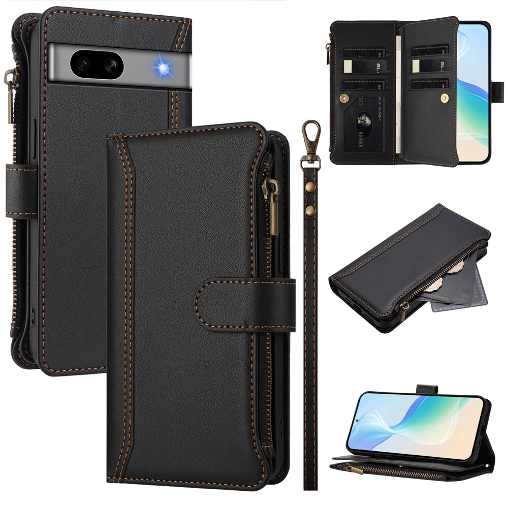 For Google Pixel 7a Leather Case 9 Card Slots Zipper Wallet Stand Phone Cover with Wrist Strap - Black