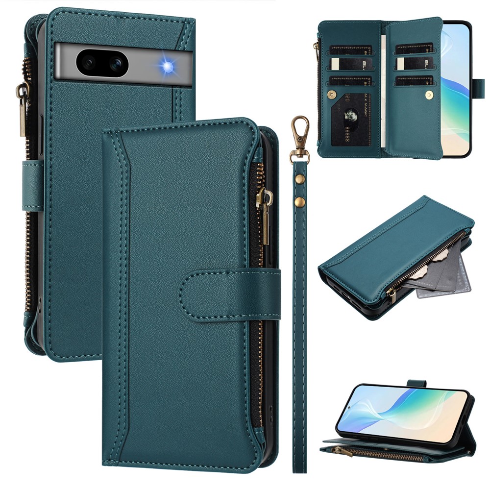 For Google Pixel 7a Leather Case 9 Card Slots Zipper Wallet Stand Phone Cover with Wrist Strap - Dark Green