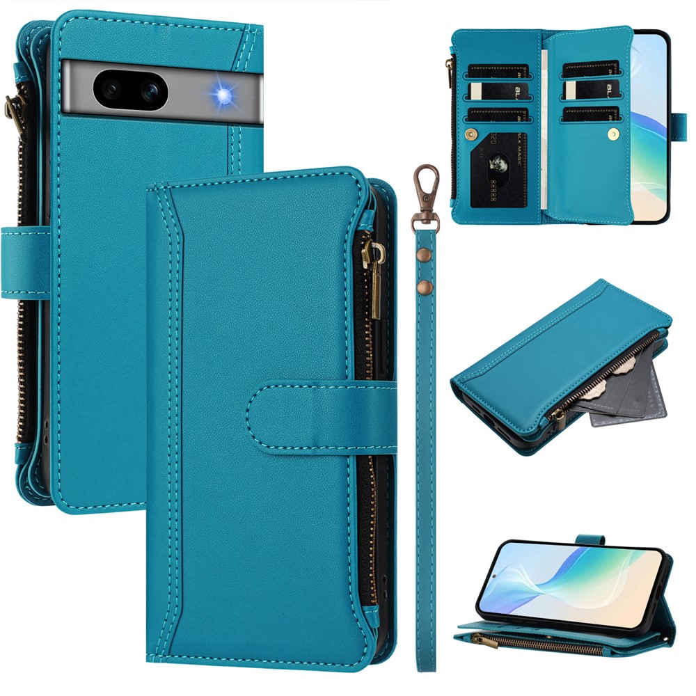 For Google Pixel 7a Leather Case 9 Card Slots Zipper Wallet Stand Phone Cover with Wrist Strap - Lake Blue