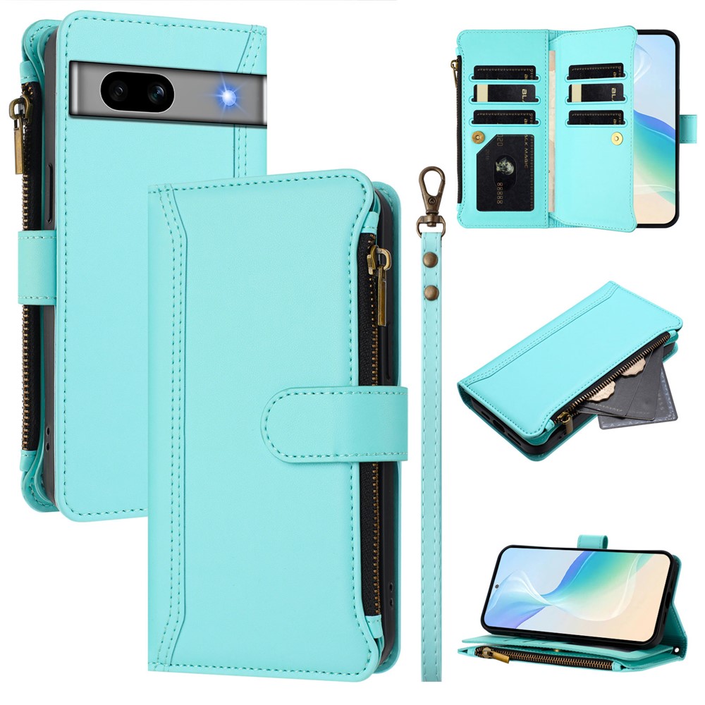 For Google Pixel 7a Leather Case 9 Card Slots Zipper Wallet Stand Phone Cover with Wrist Strap - Mint Green