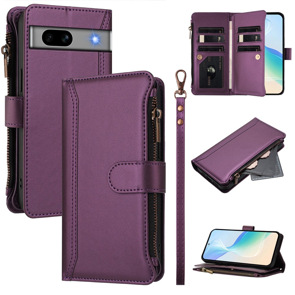 For Google Pixel 7a Leather Case 9 Card Slots Zipper Wallet Stand Phone Cover with Wrist Strap - Purple