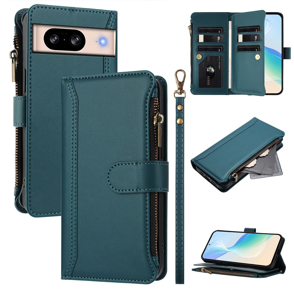 For Google Pixel 8 Leather Case 9 Card Slots Zipper Wallet Stand Phone Cover with Wrist Strap - Dark Green