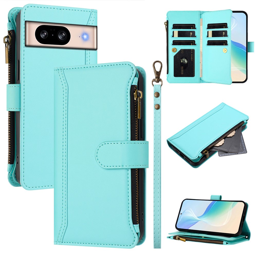 For Google Pixel 8 Leather Case 9 Card Slots Zipper Wallet Stand Phone Cover with Wrist Strap - Mint Green