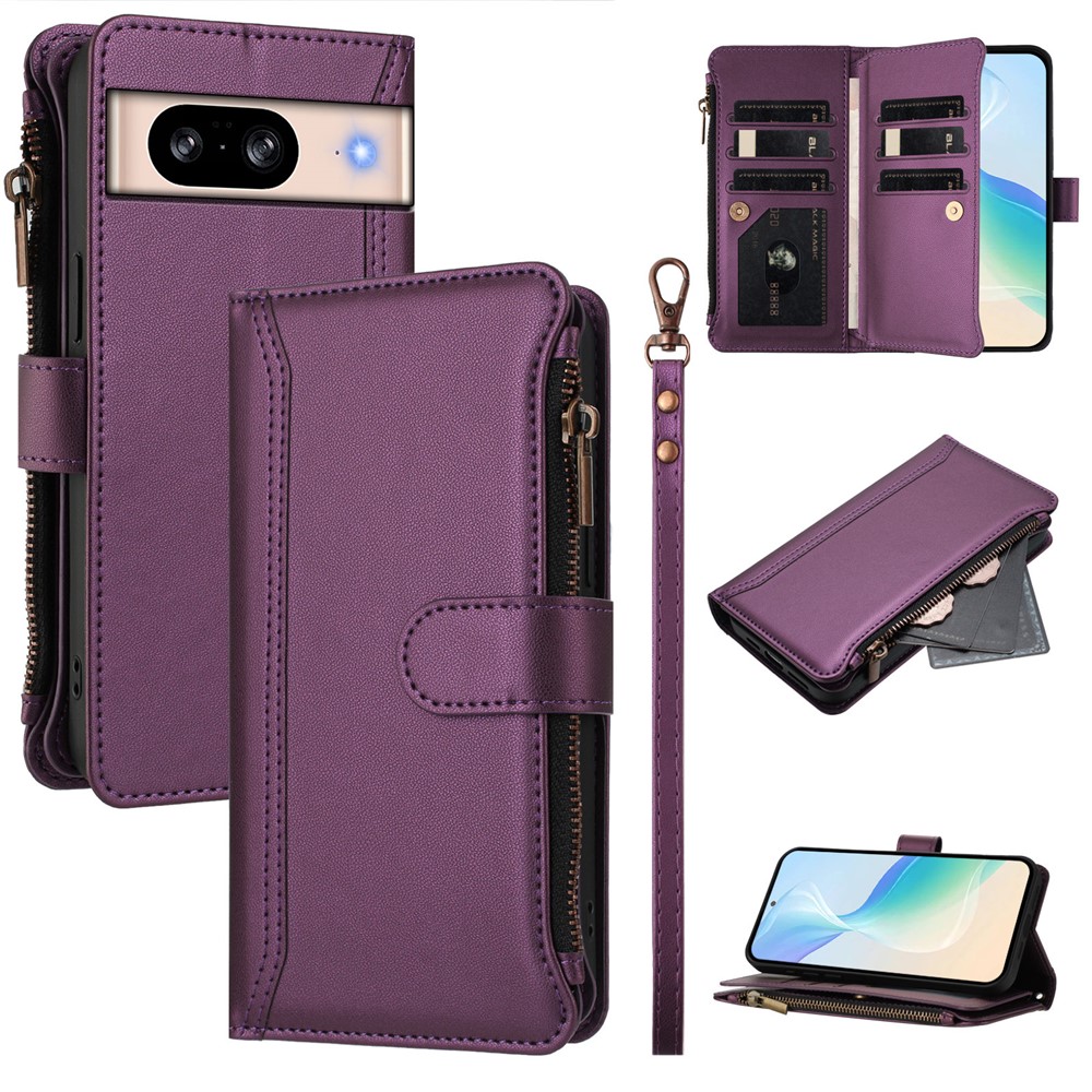 For Google Pixel 8 Leather Case 9 Card Slots Zipper Wallet Stand Phone Cover with Wrist Strap - Purple