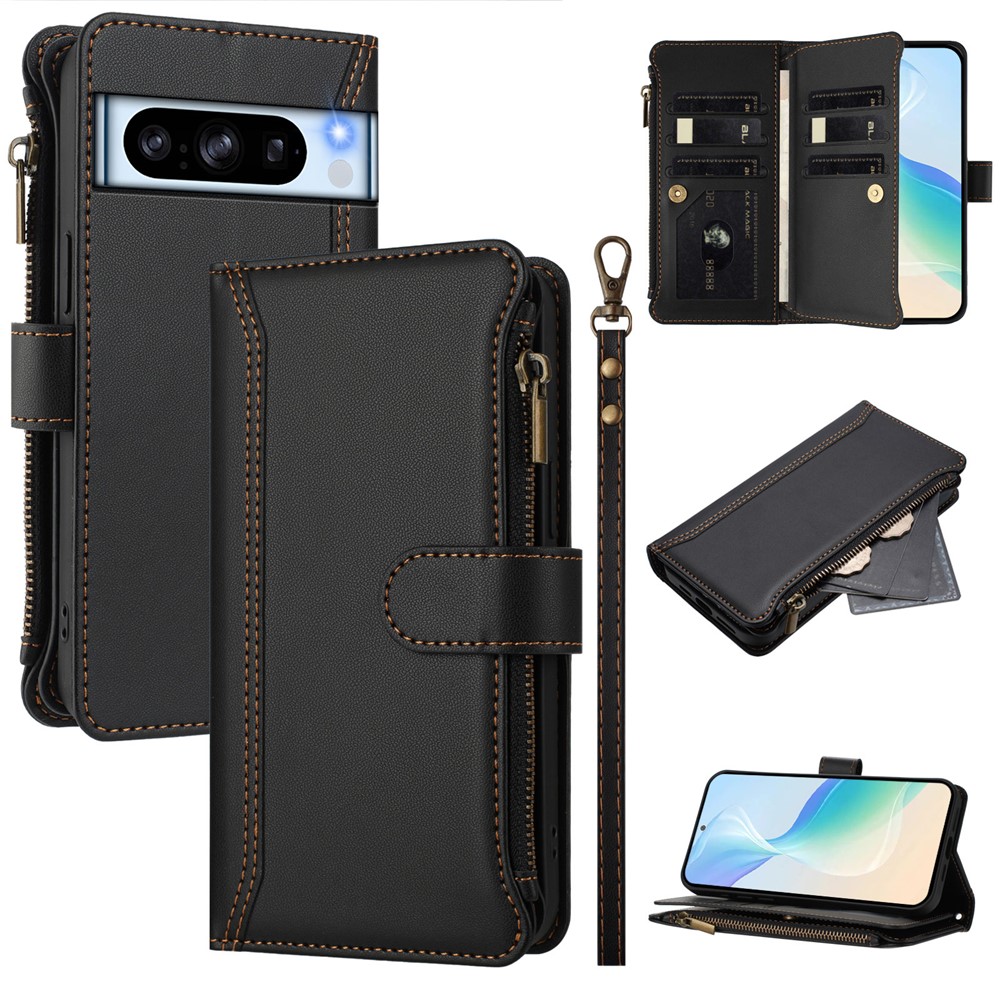 For Google Pixel 8 Pro Leather Case 9 Card Slots Zipper Wallet Stand Phone Cover with Wrist Strap - Black