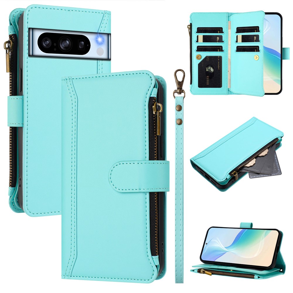 For Google Pixel 8 Pro Leather Case 9 Card Slots Zipper Wallet Stand Phone Cover with Wrist Strap - Mint Green