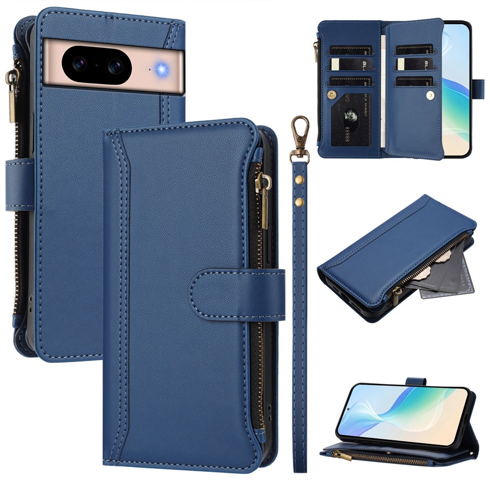 For Google Pixel 8a Leather Case 9 Card Slots Zipper Wallet Stand Phone Cover with Wrist Strap - Dark Blue