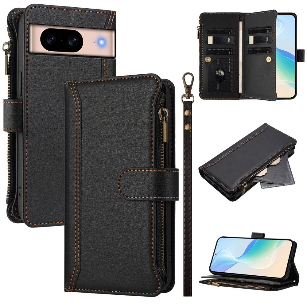 For Google Pixel 8a Leather Case 9 Card Slots Zipper Wallet Stand Phone Cover with Wrist Strap - Black