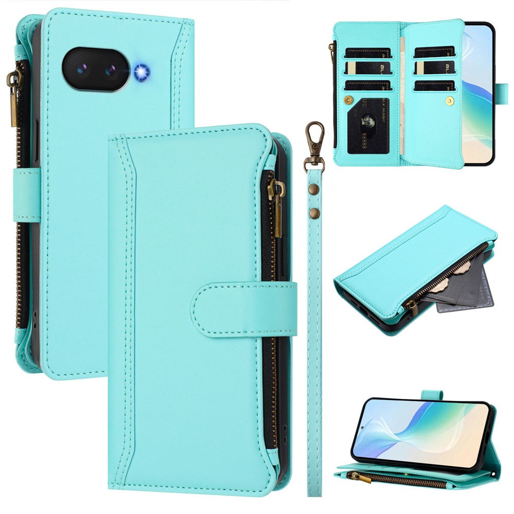 For Google Pixel 9a Leather Case 9 Card Slots Zipper Wallet Stand Phone Cover with Wrist Strap - Mint Green