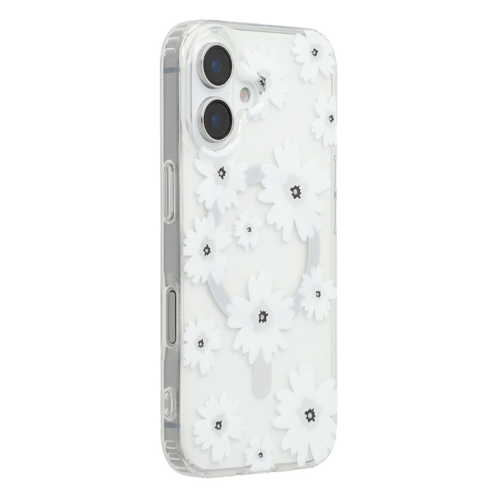 For iPhone 16 Plus Magnetic Case IMD Flower Pattern TPU + PC Clear Back Phone Cover - Style C