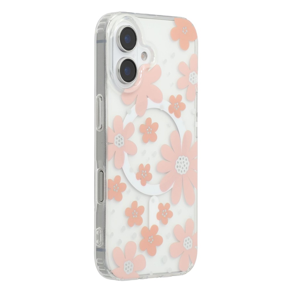 For iPhone 16 Plus Magnetic Case IMD Flower Pattern TPU + PC Clear Back Phone Cover - Style A