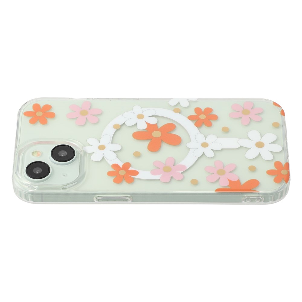For iPhone 15 Magnetic Case IMD Flower Pattern TPU + PC Clear Back Phone Cover - Style D