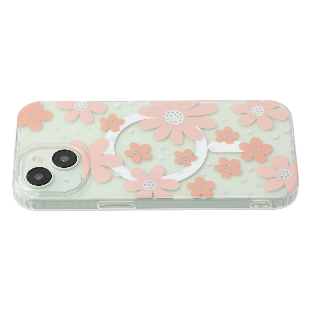 For iPhone 15 Magnetic Case IMD Flower Pattern TPU + PC Clear Back Phone Cover - Style A