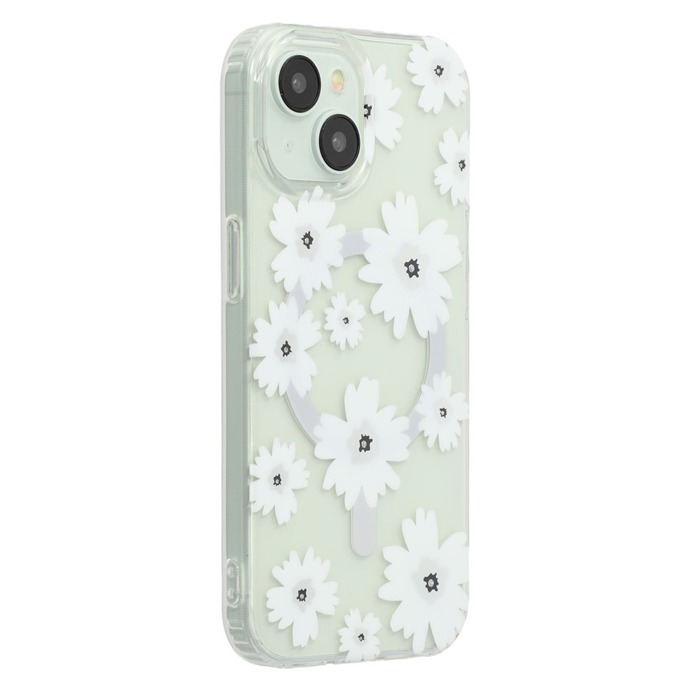 For iPhone 15 Magnetic Case IMD Flower Pattern TPU + PC Clear Back Phone Cover - Style C