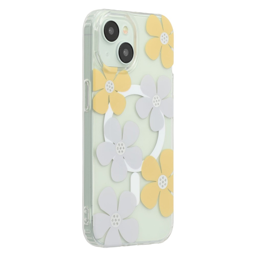 For iPhone 15 Magnetic Case IMD Flower Pattern TPU + PC Clear Back Phone Cover - Style B