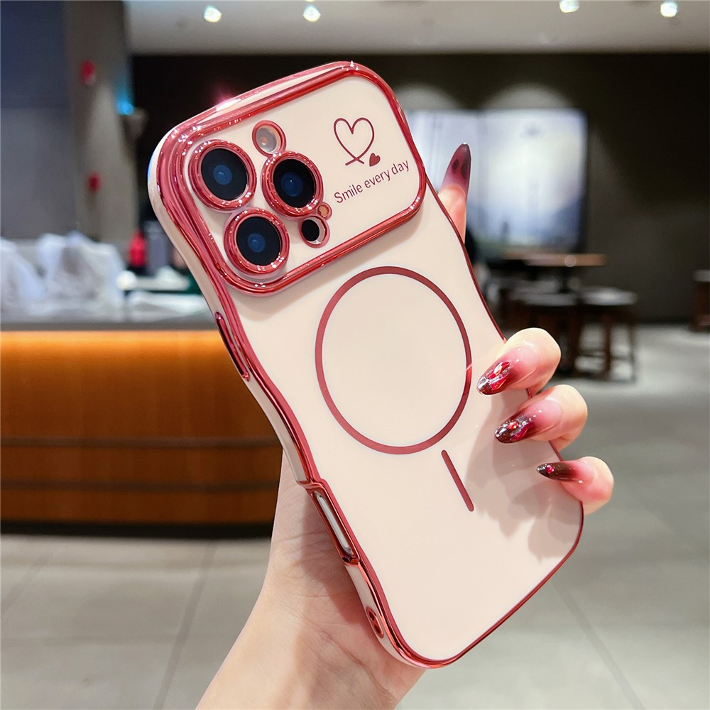 For iPhone 16 Pro Max Magnetic Case Electroplating Wave Edge TPU Phone Cover Heart Pattern - Rose Pink