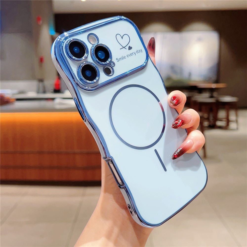 For iPhone 16 Pro Max Magnetic Case Electroplating Wave Edge TPU Phone Cover Heart Pattern - Blue
