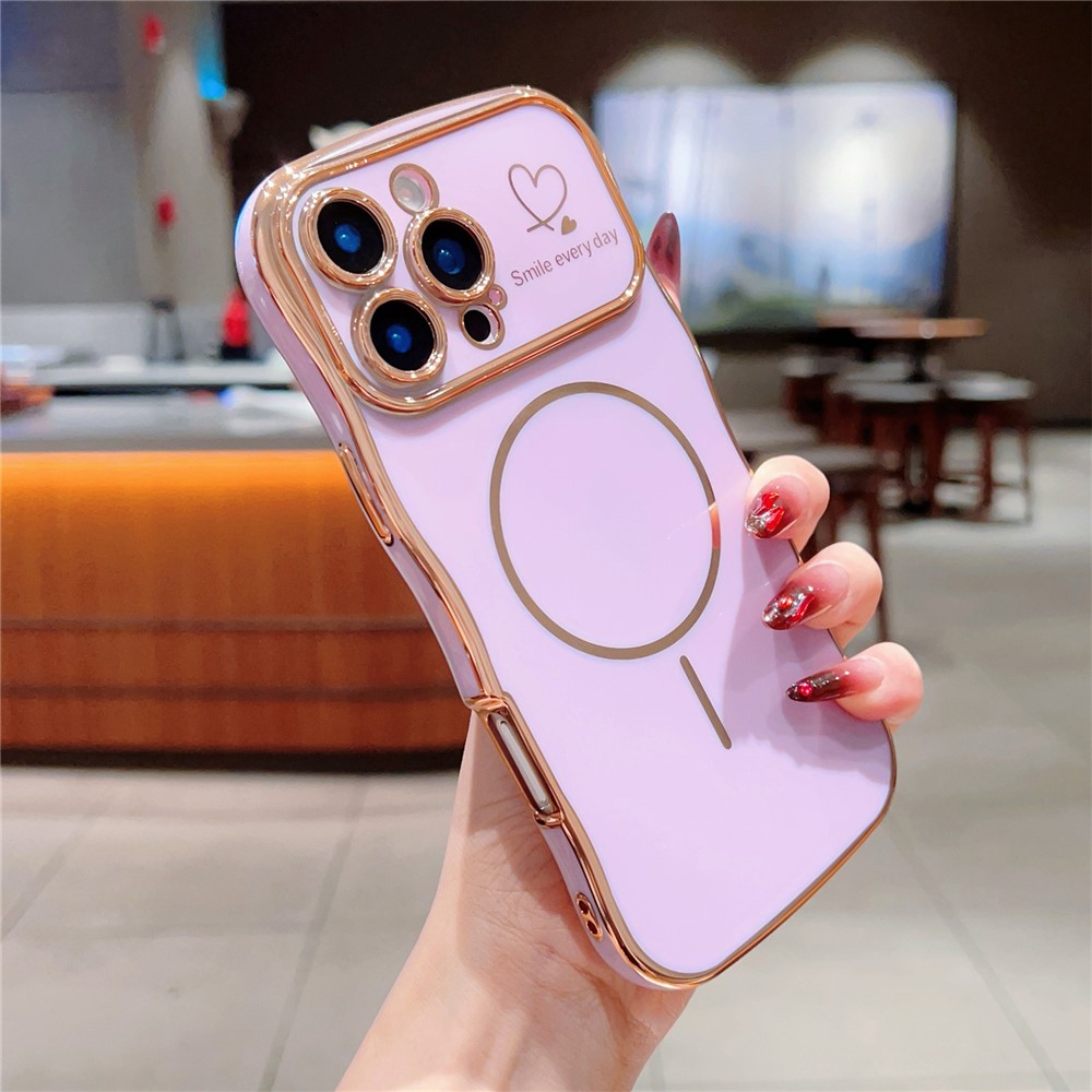 For iPhone 16 Pro Max Magnetic Case Electroplating Wave Edge TPU Phone Cover Heart Pattern - Purple