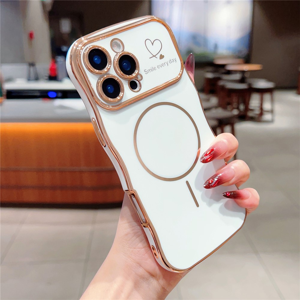 For iPhone 16 Pro Max Magnetic Case Electroplating Wave Edge TPU Phone Cover Heart Pattern - Ivory White