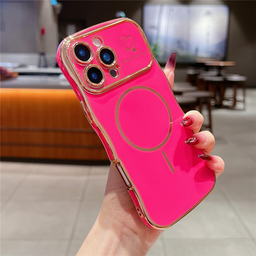 For iPhone 16 Pro Max Magnetic Case Electroplating Wave Edge TPU Phone Cover Heart Pattern - Rose