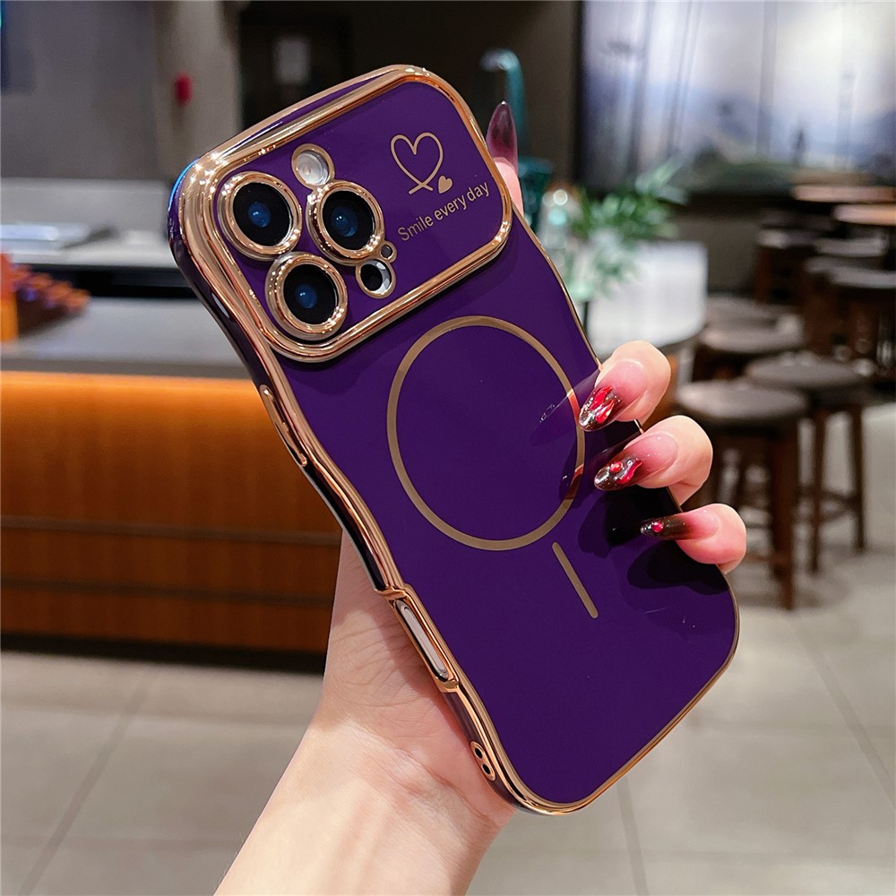For iPhone 16 Pro Max Magnetic Case Electroplating Wave Edge TPU Phone Cover Heart Pattern - Dark Purple