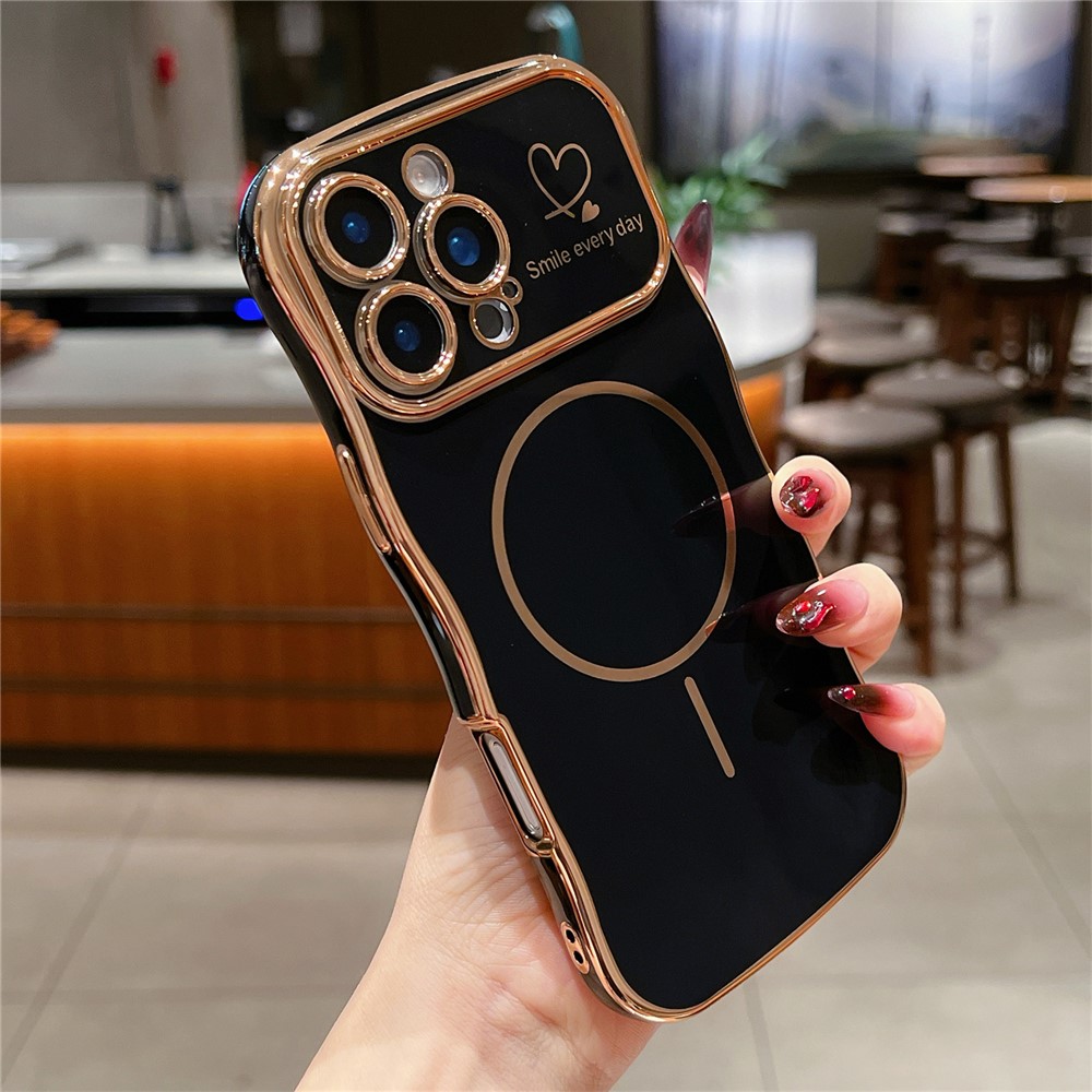 For iPhone 16 Pro Max Magnetic Case Electroplating Wave Edge TPU Phone Cover Heart Pattern - Black