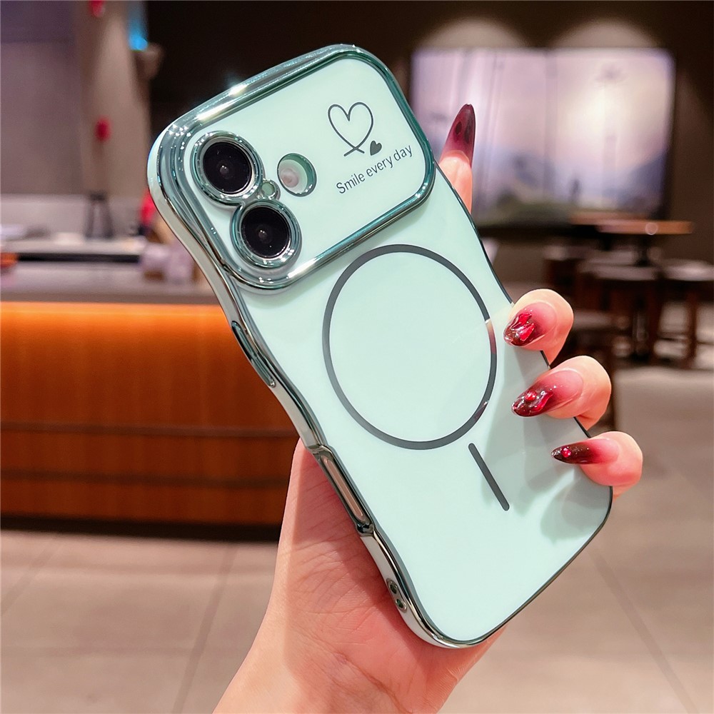 For iPhone 16 Plus Magnetic Case Electroplating Wave Edge TPU Phone Cover Heart Pattern - Green