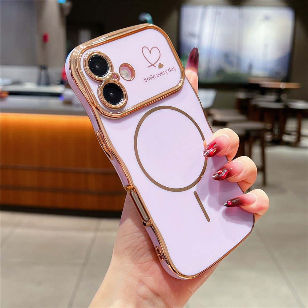 For iPhone 16 Plus Magnetic Case Electroplating Wave Edge TPU Phone Cover Heart Pattern - Purple