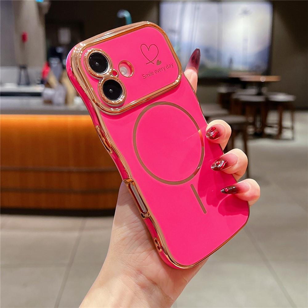 For iPhone 16 Plus Magnetic Case Electroplating Wave Edge TPU Phone Cover Heart Pattern - Rose