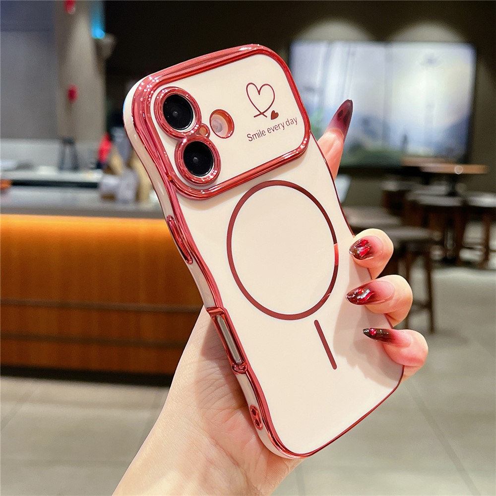 For iPhone 16 Plus Magnetic Case Electroplating Wave Edge TPU Phone Cover Heart Pattern - Rose Pink