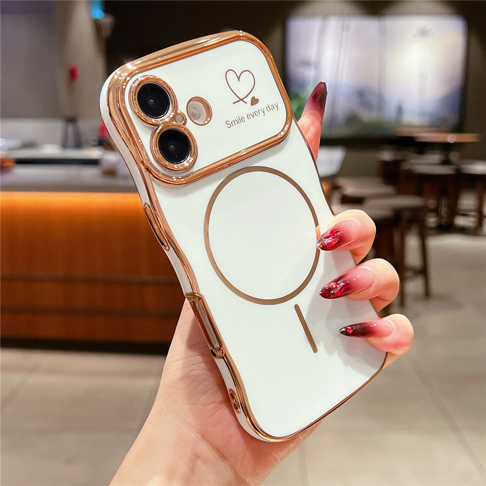 For iPhone 16 Plus Magnetic Case Electroplating Wave Edge TPU Phone Cover Heart Pattern - Ivory White