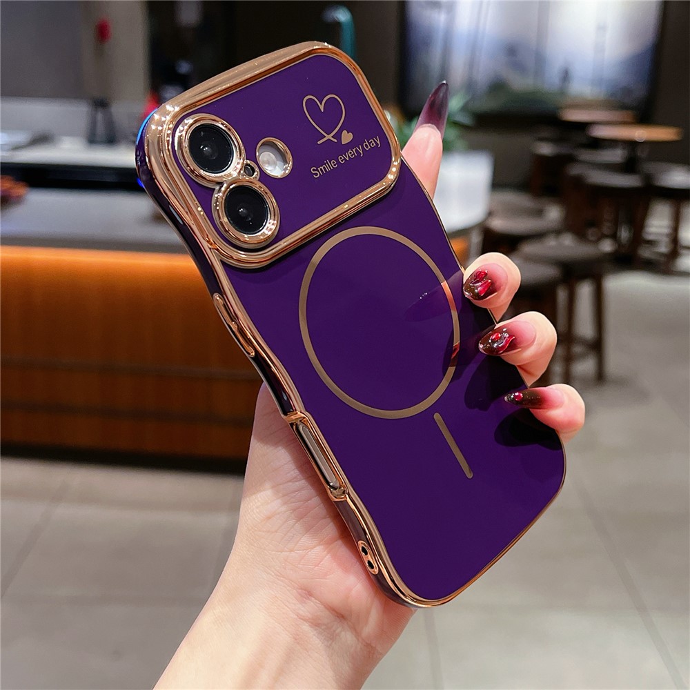 For iPhone 16 Plus Magnetic Case Electroplating Wave Edge TPU Phone Cover Heart Pattern - Dark Purple