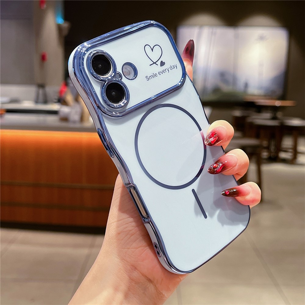 For iPhone 16 Plus Magnetic Case Electroplating Wave Edge TPU Phone Cover Heart Pattern - Blue