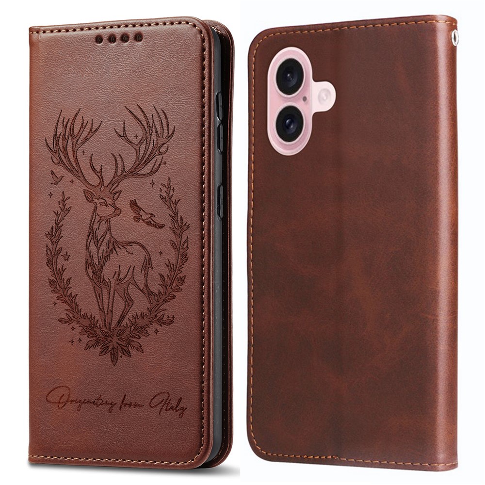 For iPhone 16 Plus Stand Case Lucky Deer Imprinted Magnetic Closure Leather Wallet Phone Cover - Brown