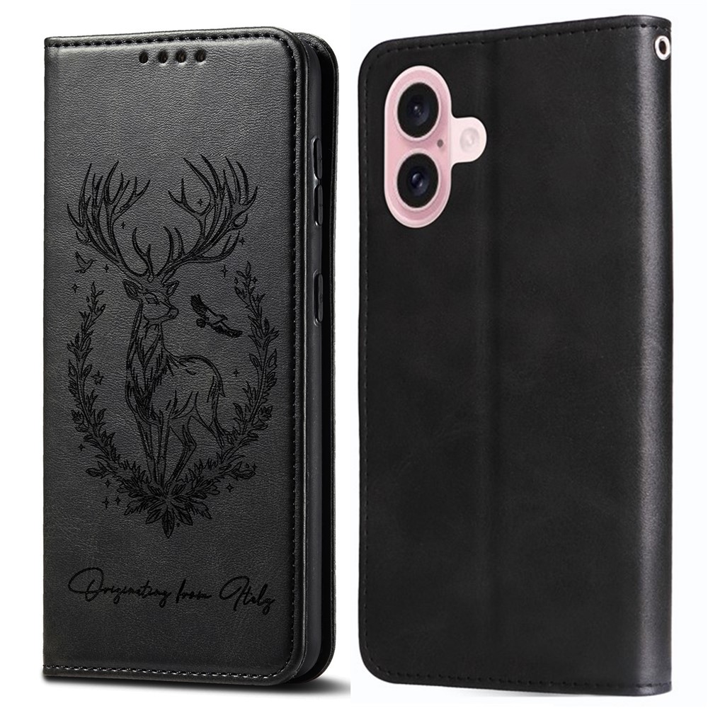 For iPhone 16 Plus Stand Case Lucky Deer Imprinted Magnetic Closure Leather Wallet Phone Cover - Black
