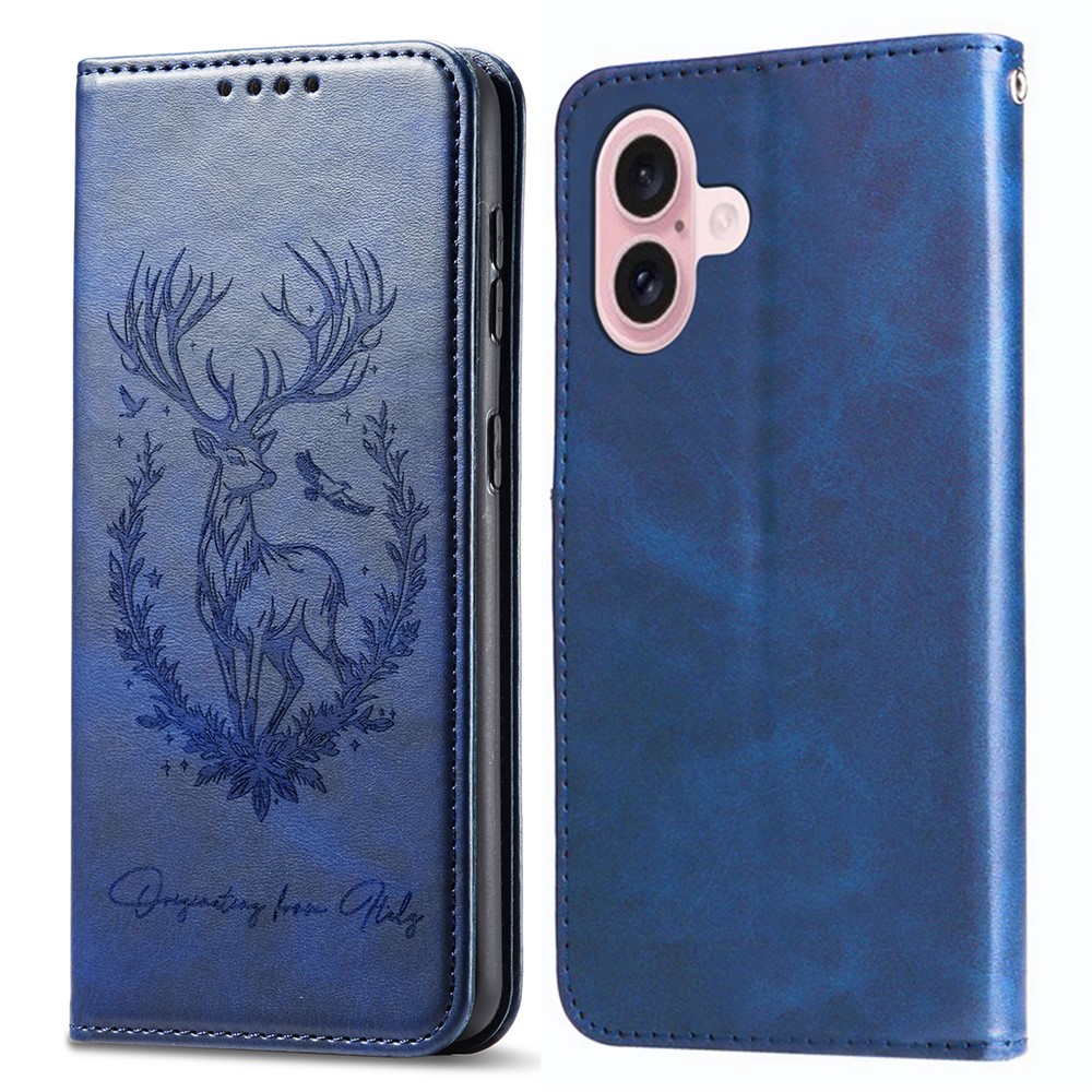 For iPhone 16 Plus Stand Case Lucky Deer Imprinted Magnetic Closure Leather Wallet Phone Cover - Blue