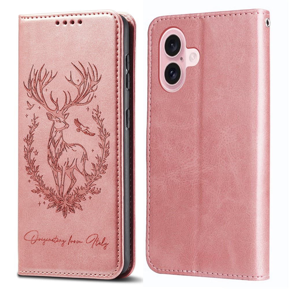 For iPhone 16 Plus Stand Case Lucky Deer Imprinted Magnetic Closure Leather Wallet Phone Cover - Pink