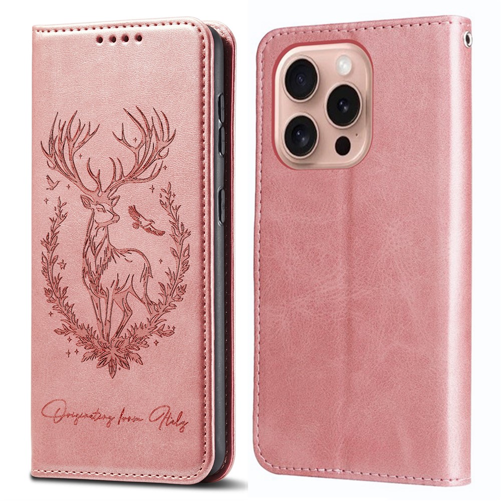 For iPhone 16 Pro Max Stand Case Lucky Deer Imprinted Magnetic Closure Leather Wallet Phone Cover - Pink