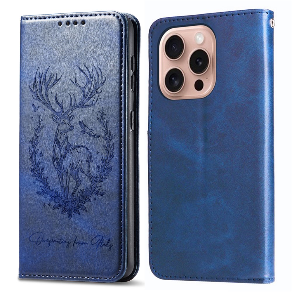 For iPhone 16 Pro Max Stand Case Lucky Deer Imprinted Magnetic Closure Leather Wallet Phone Cover - Blue