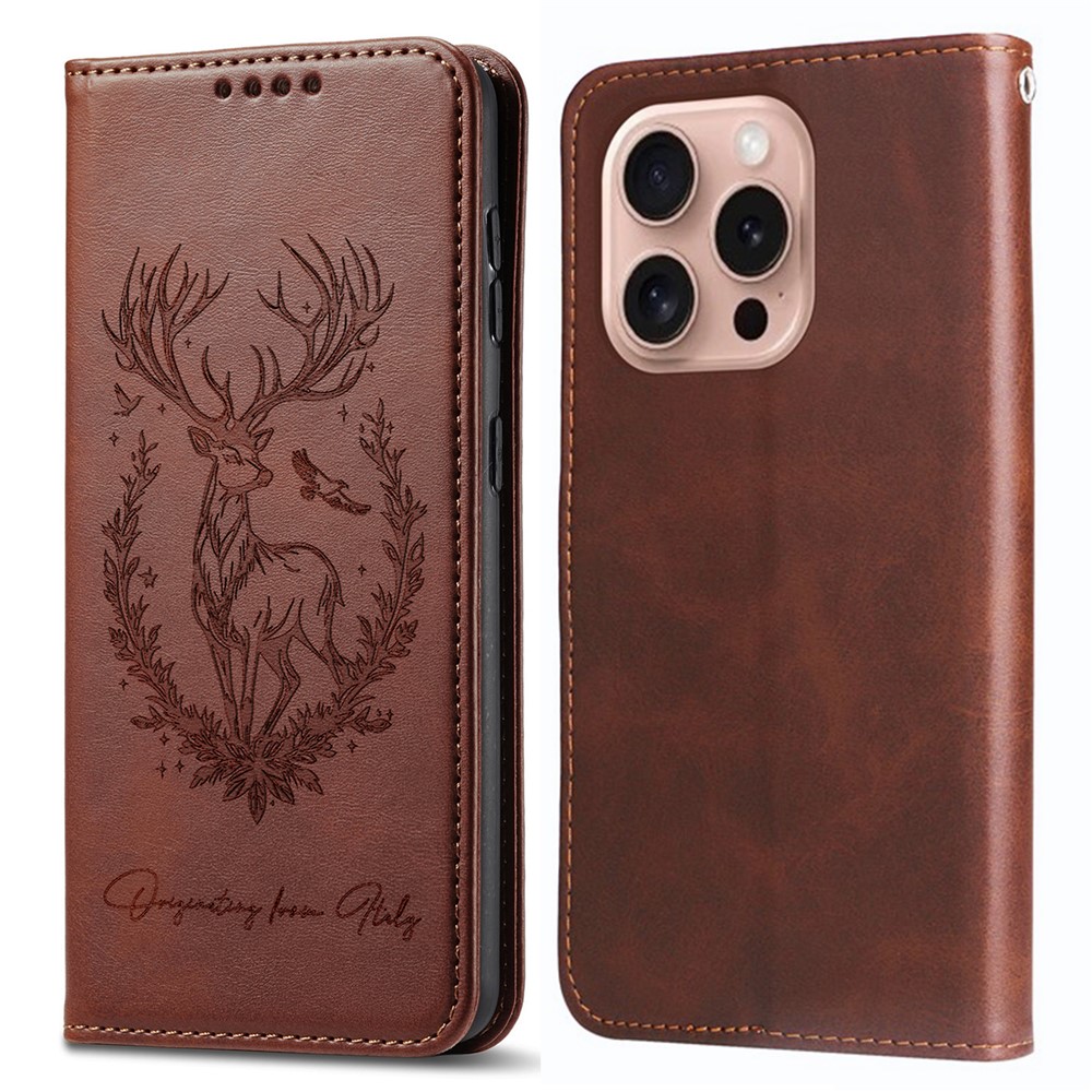 For iPhone 16 Pro Max Stand Case Lucky Deer Imprinted Magnetic Closure Leather Wallet Phone Cover - Brown