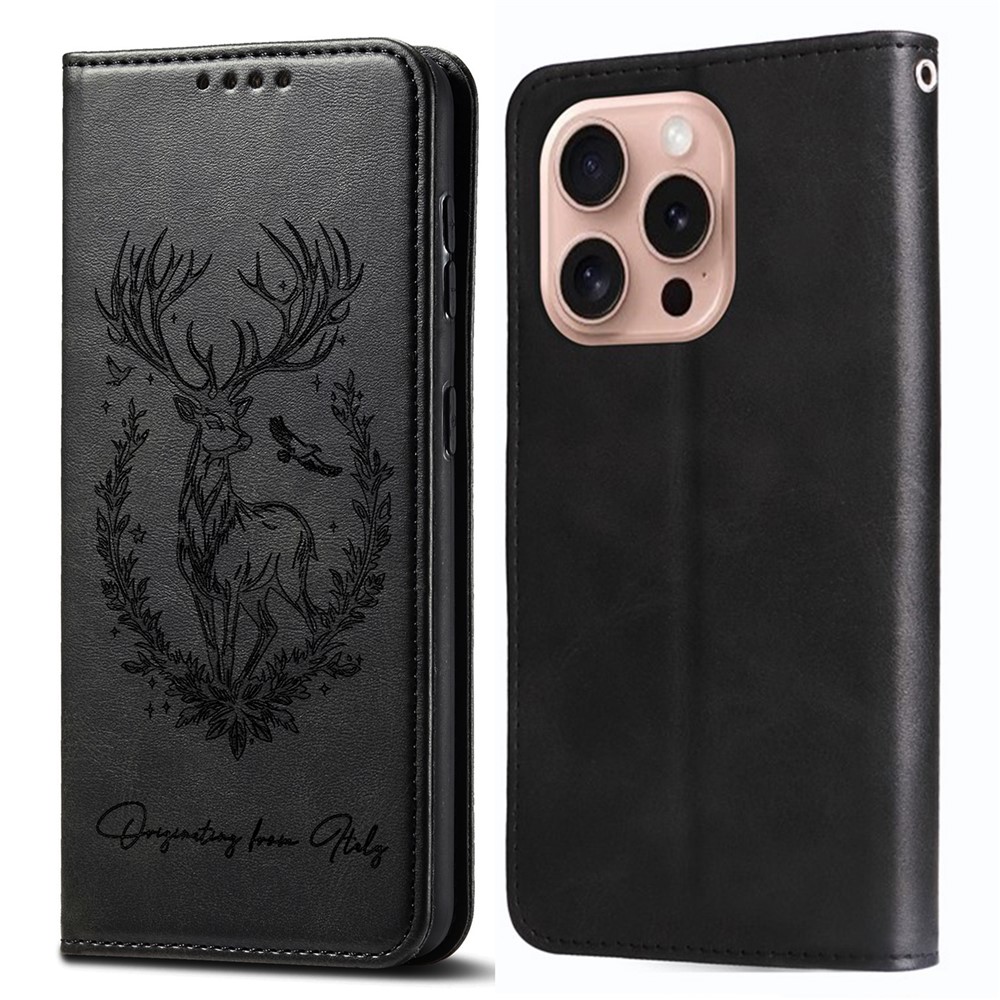 For iPhone 16 Pro Max Stand Case Lucky Deer Imprinted Magnetic Closure Leather Wallet Phone Cover - Black