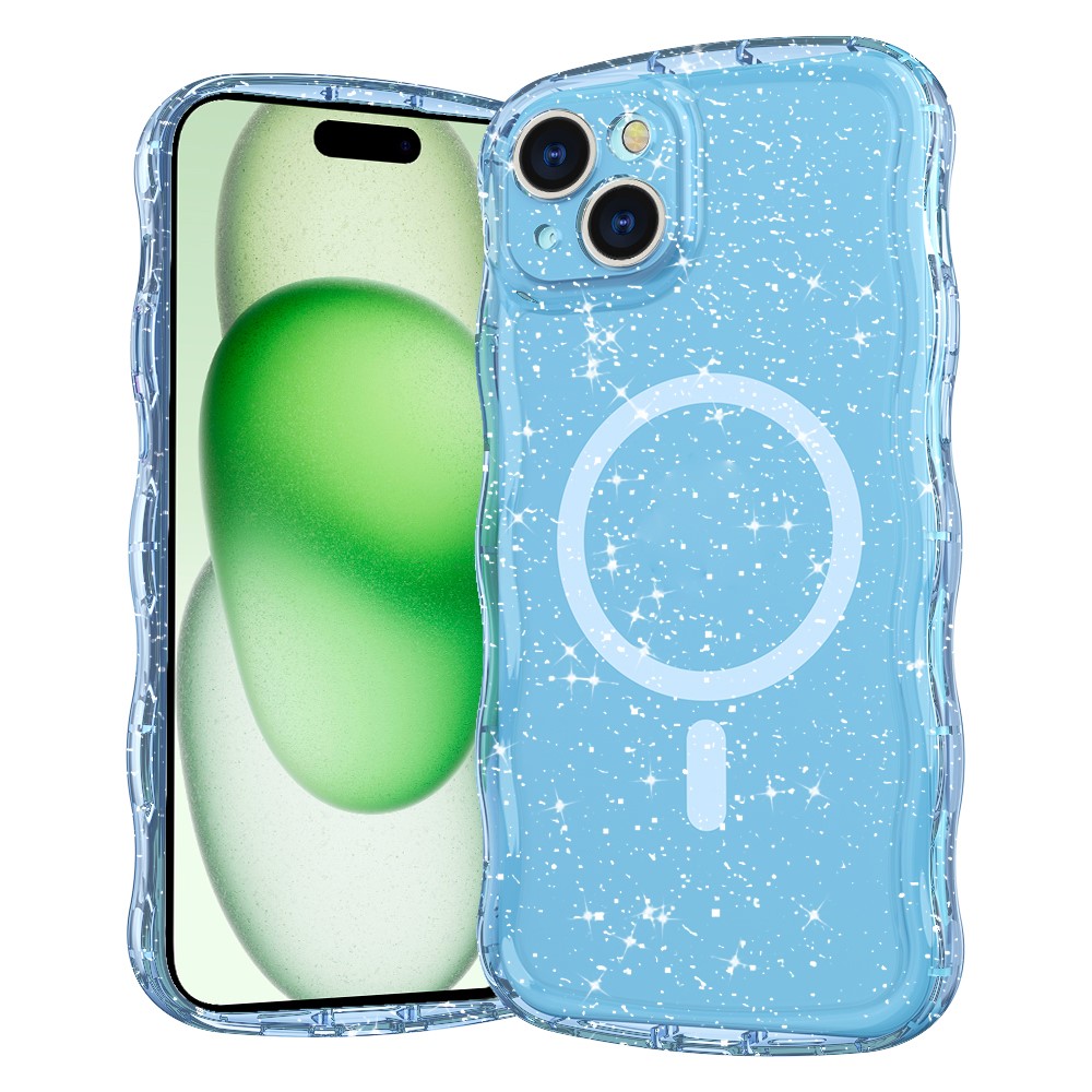 For iPhone 15 Magnetic Case Wave Edge Glitter TPU Phone Back Cover - Clear Blue