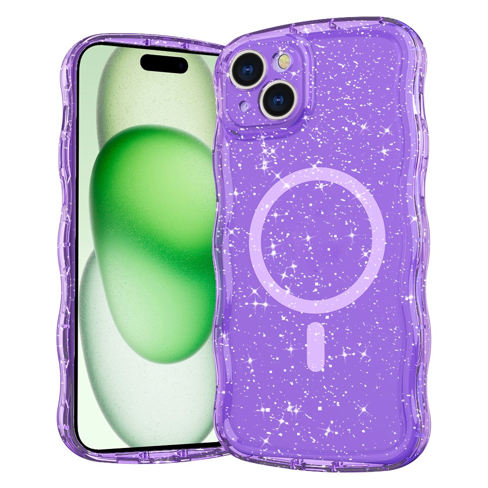 For iPhone 15 Magnetic Case Wave Edge Glitter TPU Phone Back Cover - Clear Purple