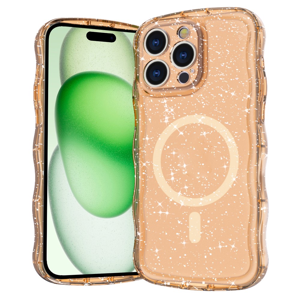 For iPhone 15 Pro Magnetic Case Wave Edge Glitter TPU Phone Back Cover - Clear Rose Gold