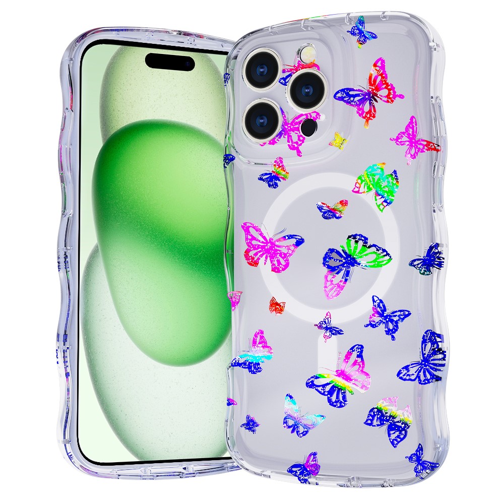 For iPhone 15 Pro Max Magnetic Case Wave Edge Glitter TPU Phone Back Cover - Laser Butterfly