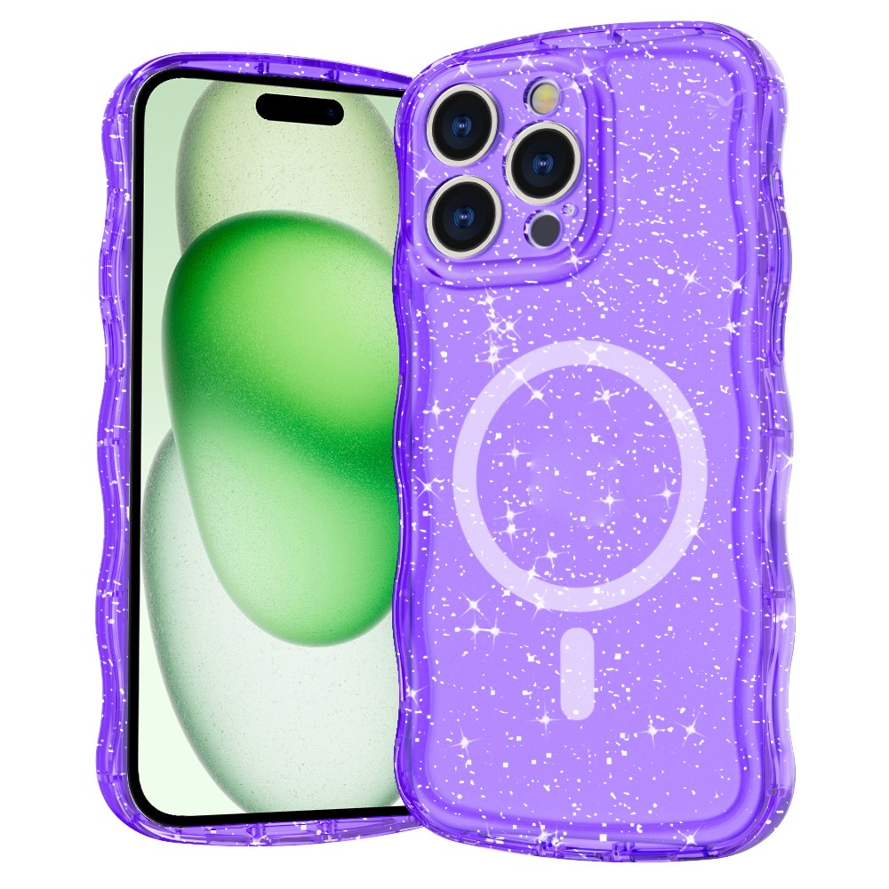 For iPhone 15 Pro Max Magnetic Case Wave Edge Glitter TPU Phone Back Cover - Clear Purple