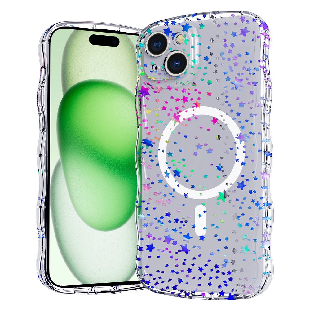 For iPhone 15 Plus Magnetic Case Wave Edge Glitter TPU Phone Back Cover - Laser Star