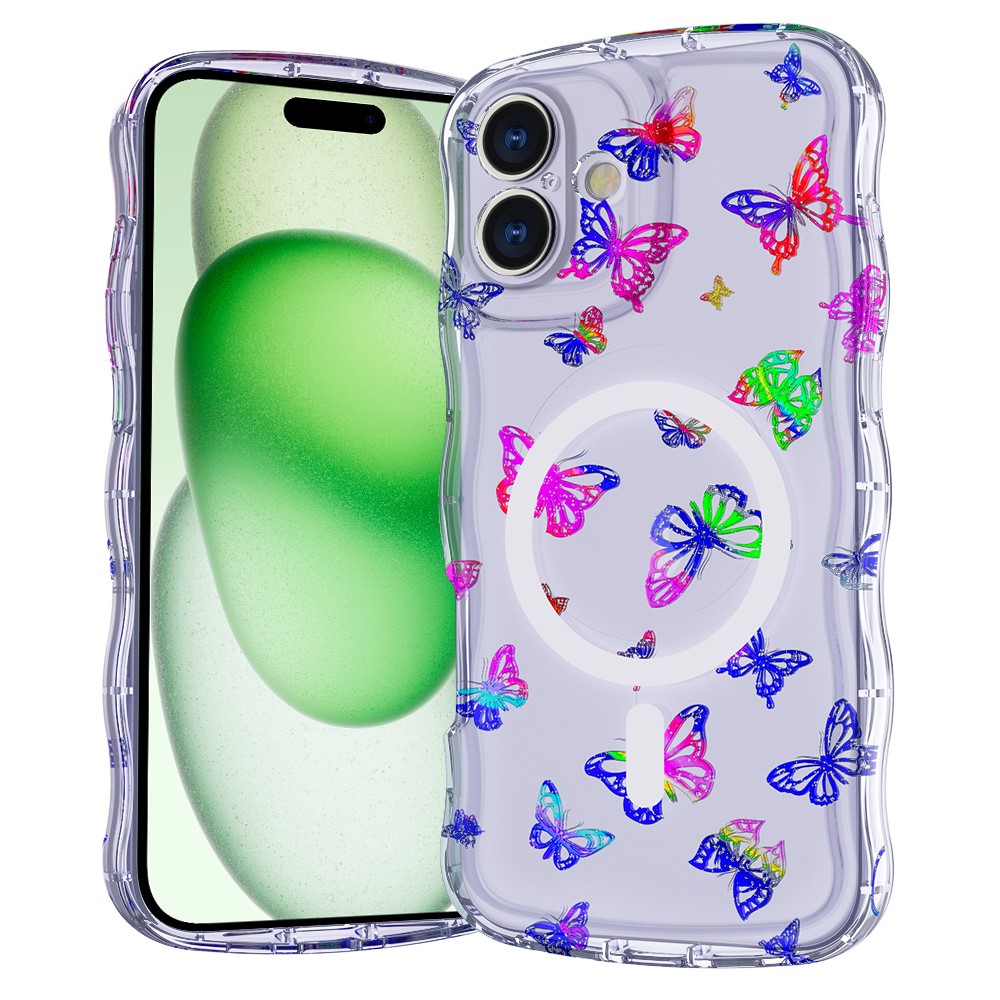 For iPhone 16 Plus Magnetic Case Wave Edge Glitter TPU Phone Back Cover - Laser Butterfly