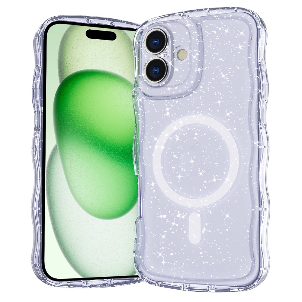 For iPhone 16 Plus Magnetic Case Wave Edge Glitter TPU Phone Back Cover - Clear