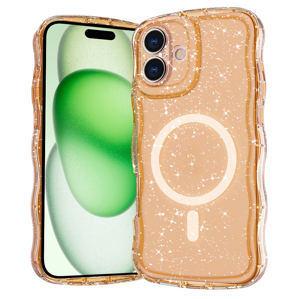 For iPhone 16 Plus Magnetic Case Wave Edge Glitter TPU Phone Back Cover - Clear Rose Gold